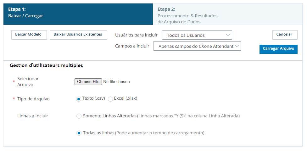 A página Gerenciar Múltiplos Usuários, mostrando a opção Somente campos do Atendedor CXone selecionada na lista suspensa Campos a Incluir.